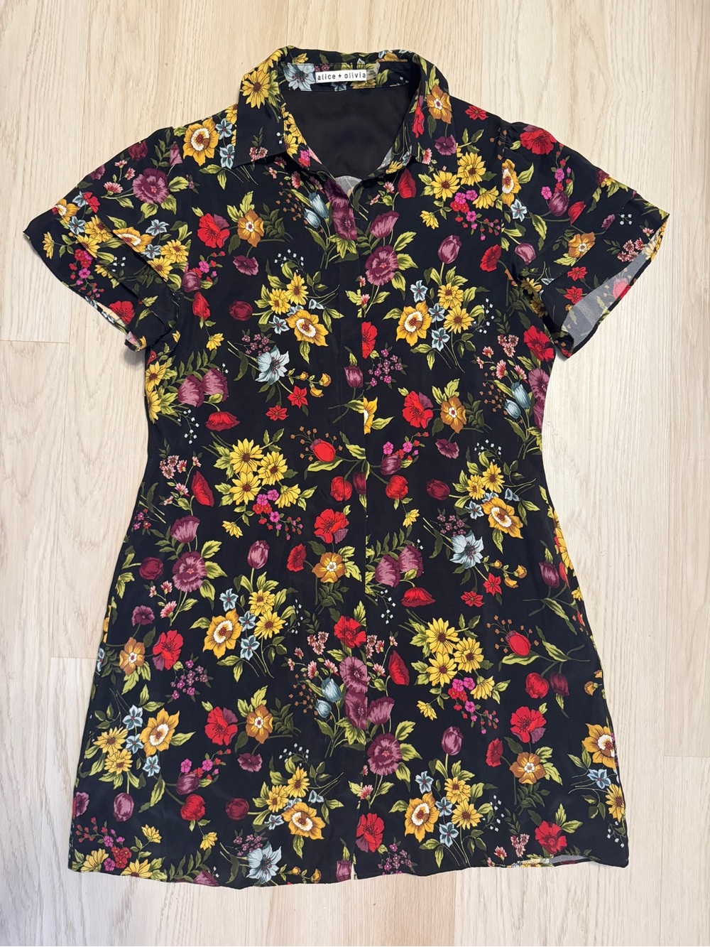 Alice + Olivia Jem Floral Shirt Dress flutter Ruffle sleeve cupro silk altern.